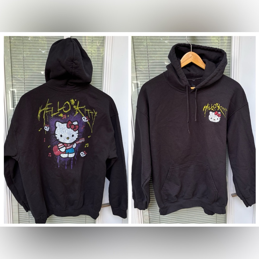 Sanrio Goth Hello Kitty L Unisex Black Hoodie Skulls Guitar Halloween Vibes